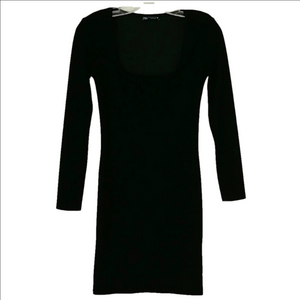 Zara Dress Size M/M Knit Stretch Long Sleeve Square‎ Neckline Little Black
